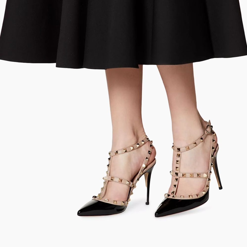 Valentino Garavani Rockstud Caged 100mm Slingback Pumps Size 37 Black and Nude - Picture 2 of 7